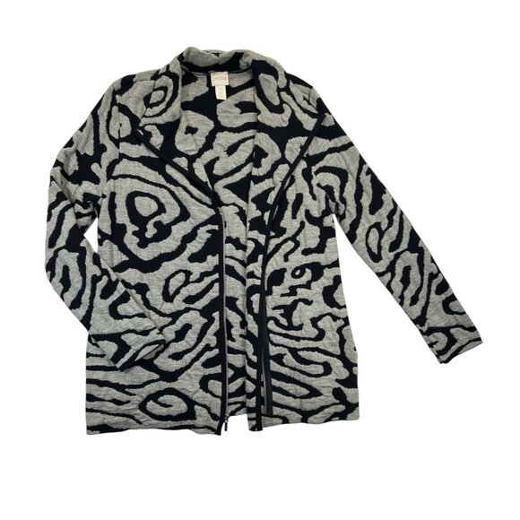 Chico's Sweater Womens Size 1 Black Gray Boiled Wool-Blend Patterned Cardigan - Picture 2 of 9